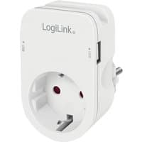 White LogiLink surge protector with 1 AC outlet, USB port, and 230 V rating, compact rectangular design.