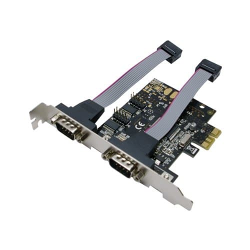 LogiLink PC0031 PCIe serial interface card featuring a black circuit board with two 9-pin serial ports and ribbon cables for connectivity.