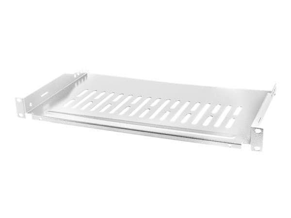 White metal rack shelf with ventilation slots, designed for mounting in a server rack, featuring sturdy brackets on both sides for secure installation.