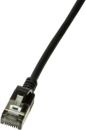 Black LogiLink Slim U/FTP networking cable, 0.5 meters long, featuring a Cat6a U/FTP (STP) connector with a clear plastic clip and a sleek, flexible design.