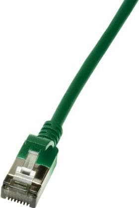 Green 0.3 m Cat6a U/FTP networking cable with a slim design and a clear plastic connector, featuring metal pins for secure connections.
