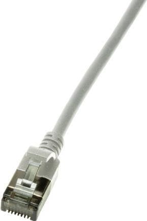 Grey LogiLink Slim U/FTP networking cable, 1.5 meters long, featuring a Cat6a U/FTP connector with a clear plastic housing and metal clip for secure connection.