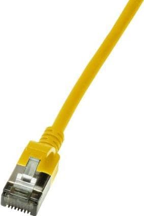 Yellow LogiLink Slim U/FTP networking cable, 5 meters long, featuring a sturdy connector with a transparent casing, designed for Cat6a performance.