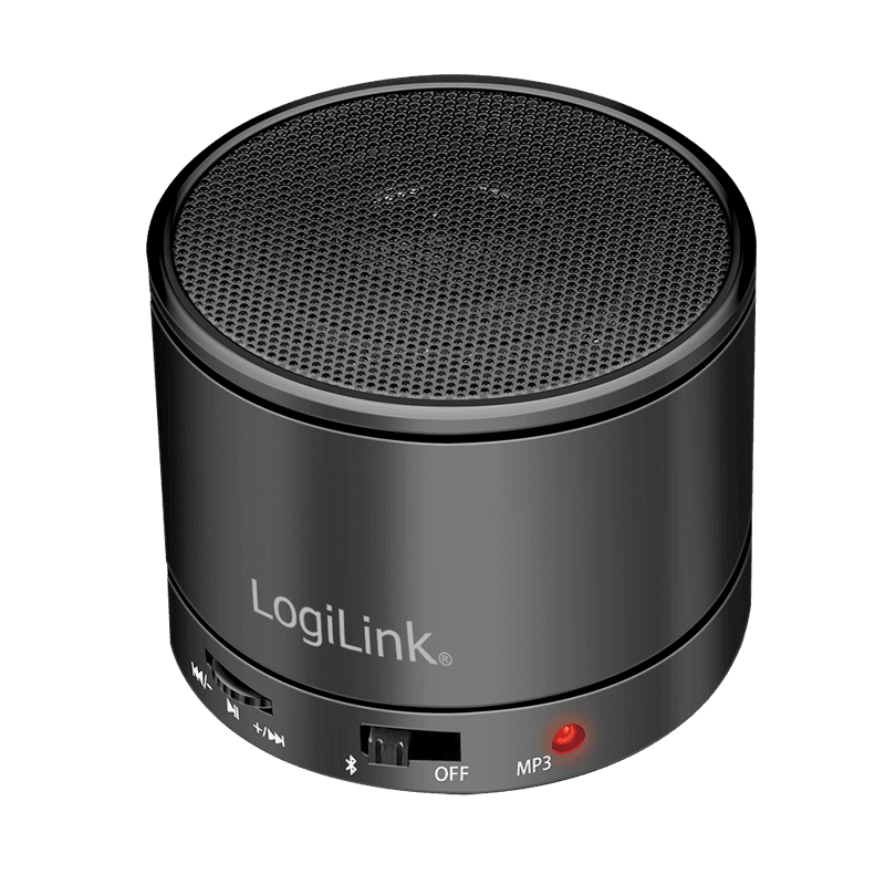 Compact black Bluetooth speaker with a textured mesh top, featuring FM radio, hands-free capability, and control buttons on the side, branded with the LogiLink logo.