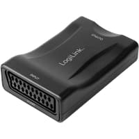 Black LogiLink video converter, SCART to HDMI, 1080p, compact design with labeled input and output ports.