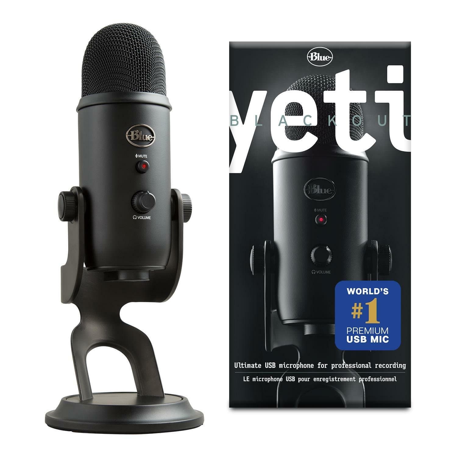 Black USB microphone with a matte finish, featuring a mesh grille, adjustable gain control, and a sturdy stand, alongside a box displaying "Logitech - Blue Yeti" branding.