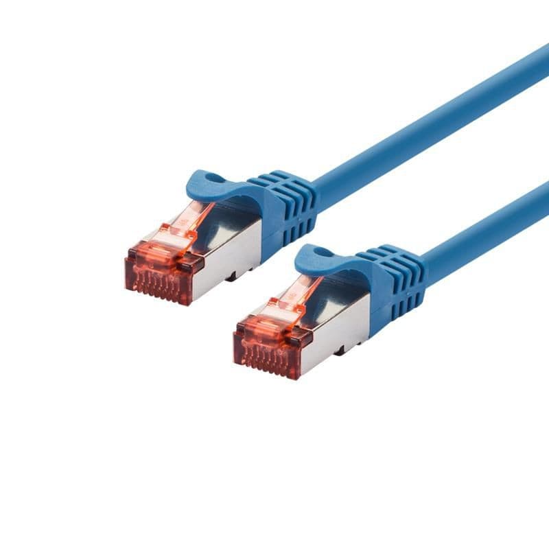 Blue Ethernet cable with two transparent orange connectors, designed for networking, featuring a flexible, durable design and a length of 5 meters.