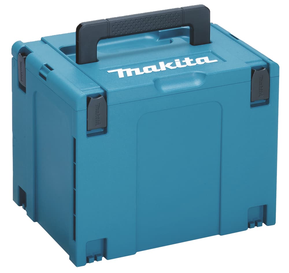 Hard shell equipment case in blue with a black handle, featuring a sturdy design and Makita branding on the lid.