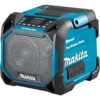 Blue Makita cordless Bluetooth speaker with black trim, metal grille, and digital display on top.