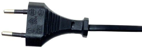 Black Euro 2-pin power cord with a CEE 7/16 plug, featuring a durable plastic connector and a flexible cable, designed for reliable electrical connections.