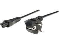 Black power cord with a Euro 2-pin Schuko plug on one end and a connector on the other, featuring a sturdy plastic design for reliable electrical connections.