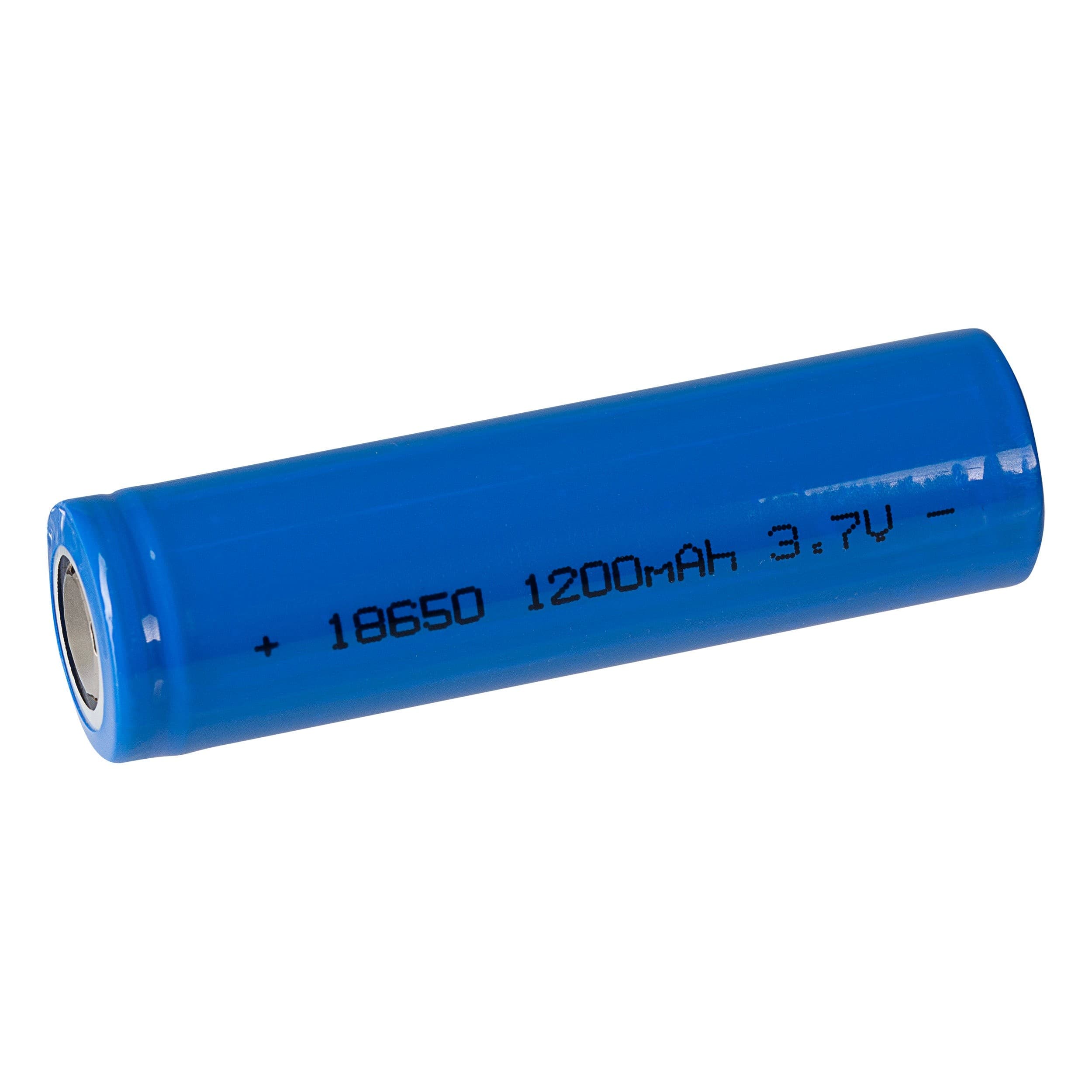 Bright blue cylindrical lithium battery labeled "18650 1200mAh 3.7V," featuring a flat tip and metallic end, designed for rechargeable use.