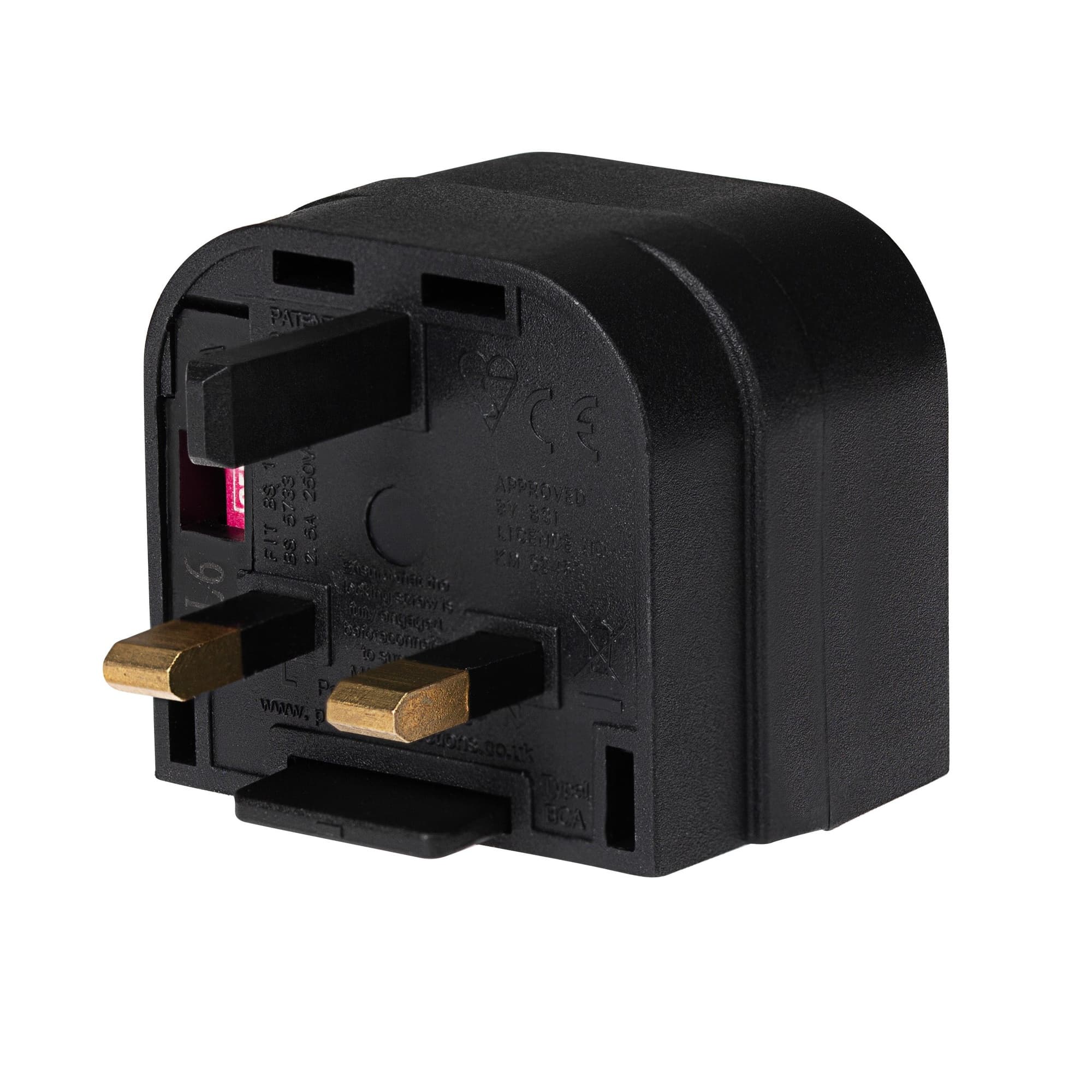 Black plastic 2-pin to UK 3-pin mains plug converter with gold prongs, featuring a 3 amp fuse and labeled safety certifications on the back.
