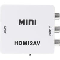 White Maplin HDMI to RCA converter with HDMI input, RCA outputs, and "MINI HDMI2AV" text on top.