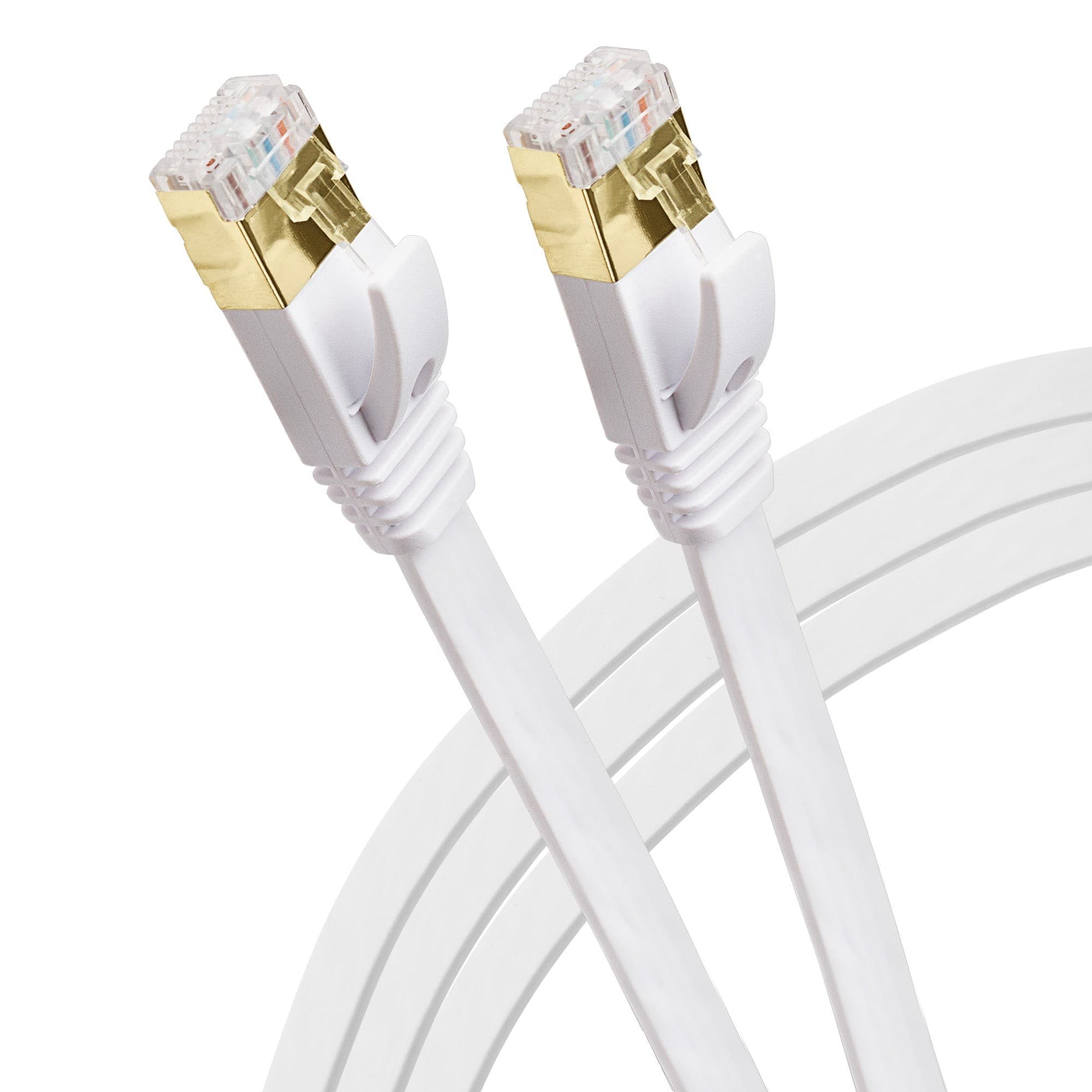 White flat RJ45 CAT7 Ethernet LAN cable, 3 meters long, featuring gold-plated connectors on both ends for enhanced connectivity.