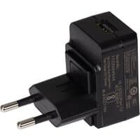 Black Maplin USB-A EU wall charger with two round prongs and 5V 1Amp output, compact design.