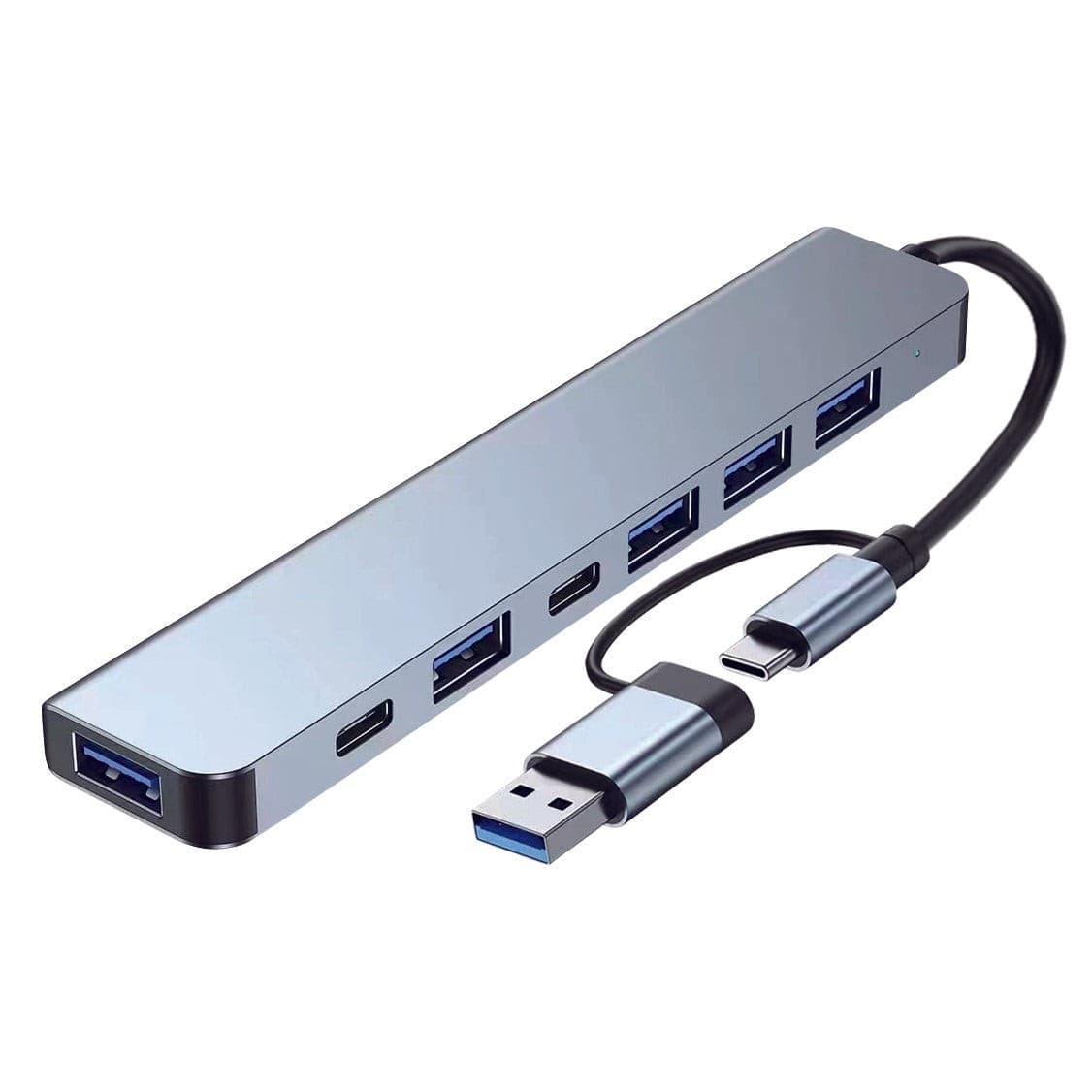 Sleek silver multiport hub featuring 4 USB-A 2.0 ports, 1 USB-A 3.0 port, and 2 USB-C ports, with a flexible cable for easy connectivity.