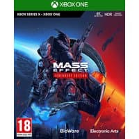 Mass Effect Legendary Edition for Xbox One, cover art with characters and space backdrop, green Xbox banner on top.