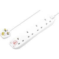 White Masterplug 4-socket surge protected extension lead with 240v plug and on/off switch.