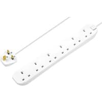 White Masterplug 6 socket extension lead with 240v capacity, flat plug, and long cable.