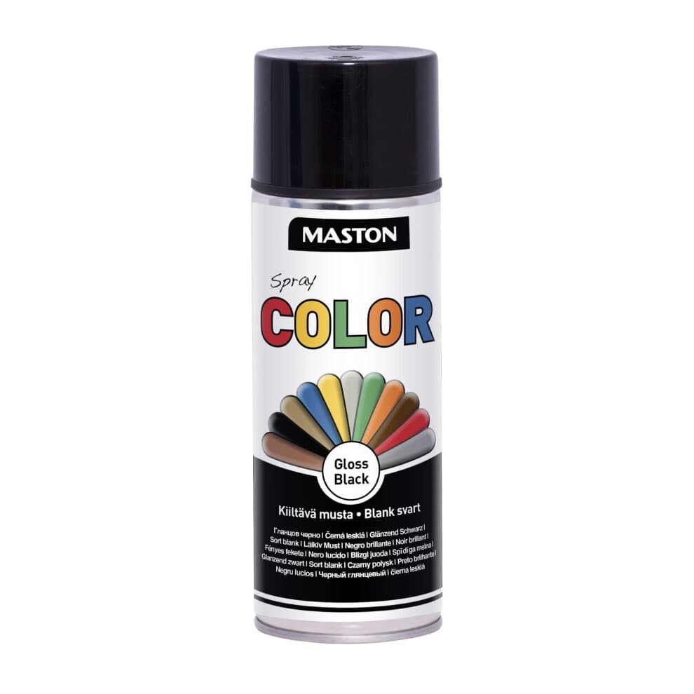 Black gloss spray paint in a 400ml can with a colorful label showcasing various paint colors and the brand name "Maston" prominently displayed.