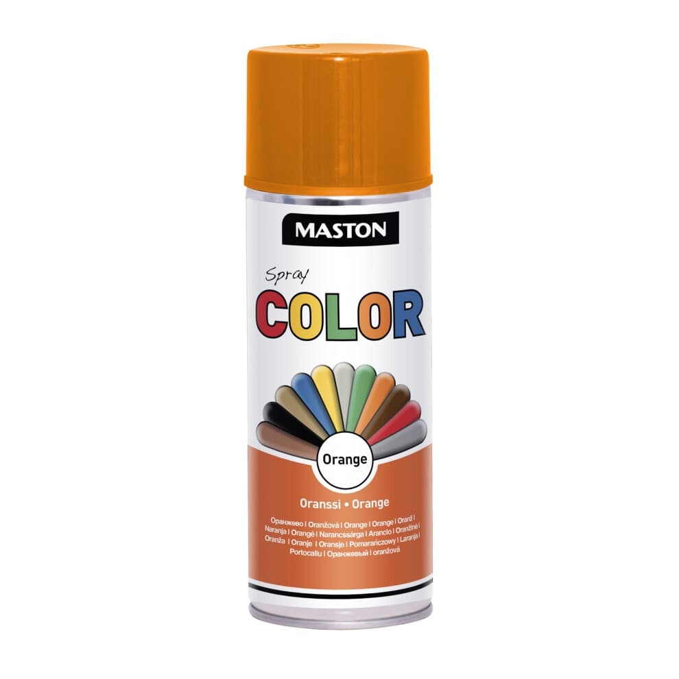 Maston Spray Paint in glossy orange, 400ml can with a vibrant orange cap, featuring a color palette graphic and the word "COLOR" prominently displayed.