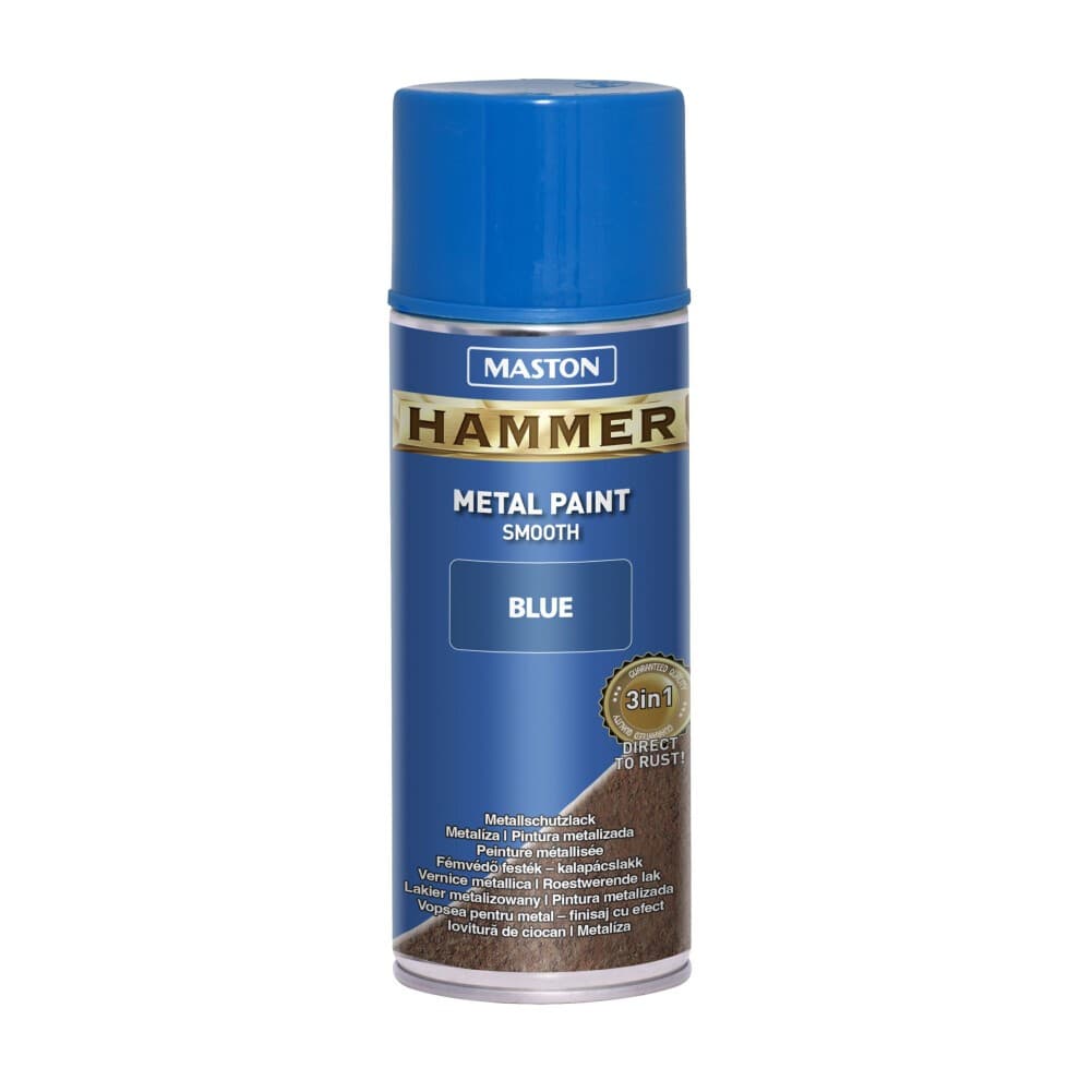Maston Hammer Smooth Blue spray paint can, 400ml, features a blue cap and a metallic blue label with gold accents, highlighting its 3-in-1 formula for metal surfaces.