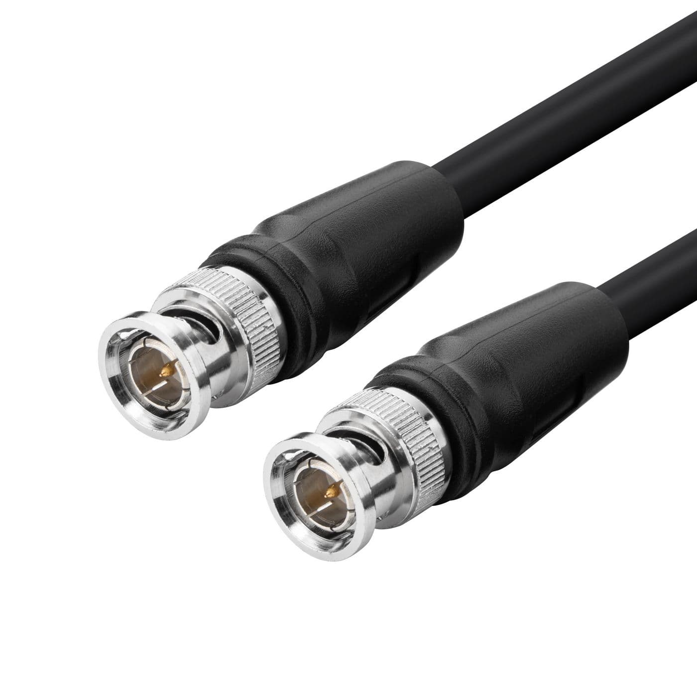 Black RG-6 coaxial cable featuring BNC connectors on both ends, with shiny metal fittings and a durable, flexible outer sheath.