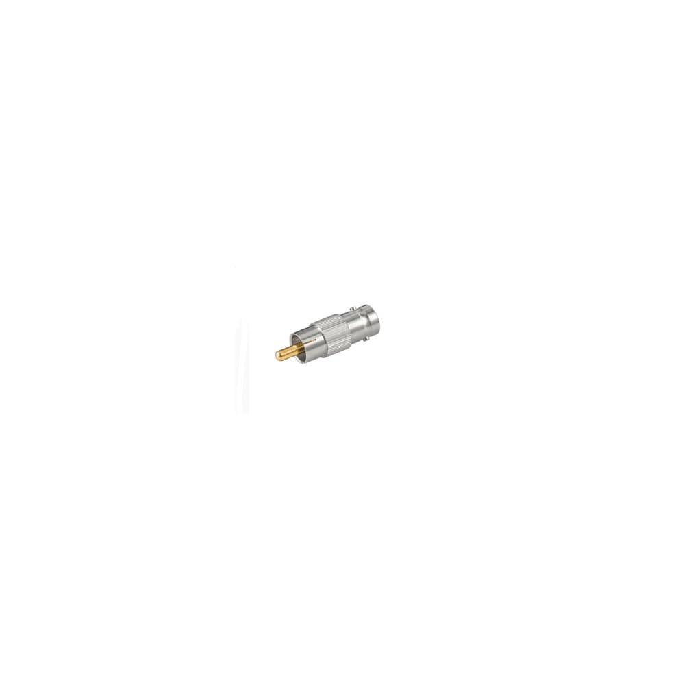 Silver RCA to BNC gender changer adapter with a cylindrical design and gold-plated connectors for optimal signal transfer.