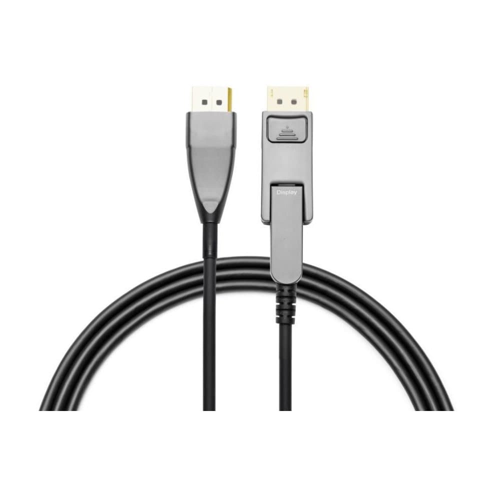 Black 15-meter DisplayPort cable with sturdy connectors, featuring a sleek design and clear labeling on the connectors for easy identification.