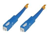 Yellow 5-meter Microconnect InfiniBand/fibre optic cable with blue SC connectors on both ends, featuring a durable, flexible design for high-speed data transmission.
