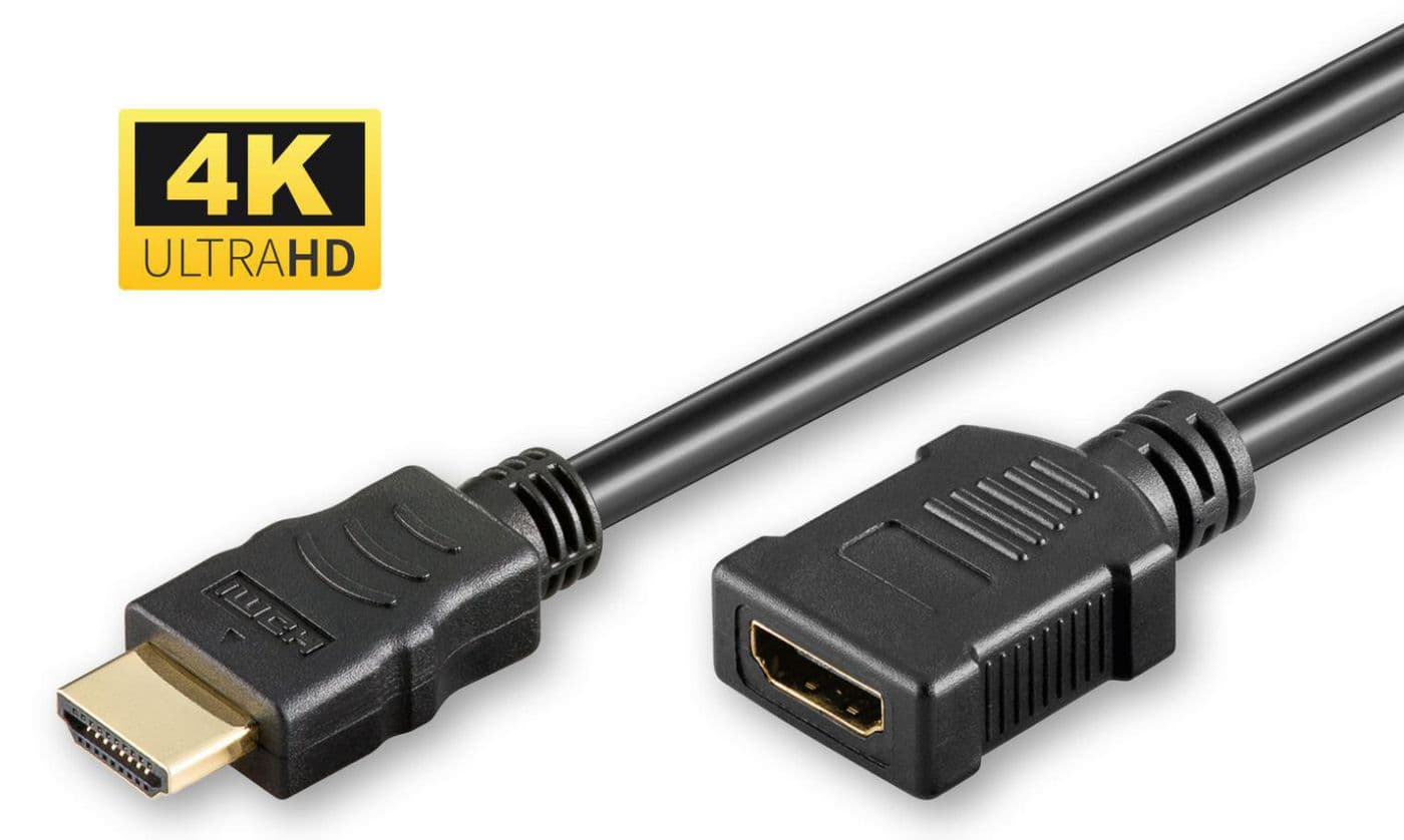 Black Microconnect HDMI 2.0 extension cable, 1.5m long, featuring a gold-plated male connector on one end and a female connector on the other, supporting 4K Ultra HD.