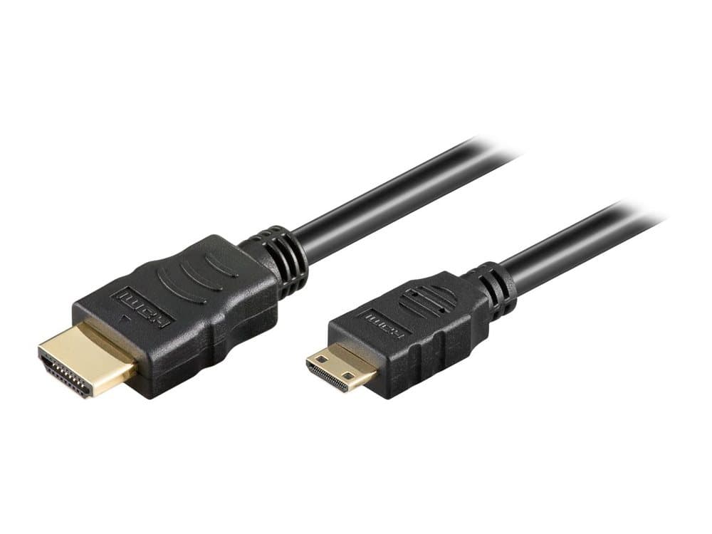 Black HDMI high-speed mini cable, 1 meter long, featuring a standard HDMI connector on one end and a mini HDMI connector on the other, designed for high-quality video and audio transmission.