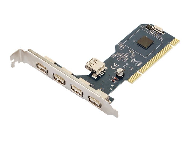 Internal USB 2.0 interface card with a blue circuit board, metal bracket, and four USB ports, designed for connecting devices to a computer.