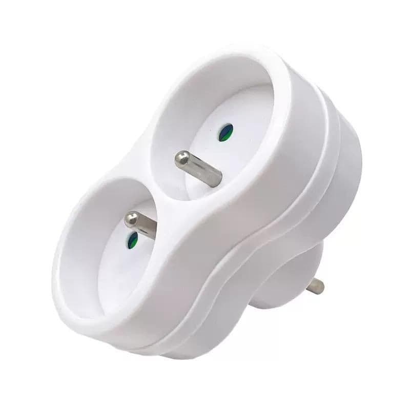 White double socket plug with two round openings and metal prongs, featuring green indicator lights, designed for EU Type E connections.