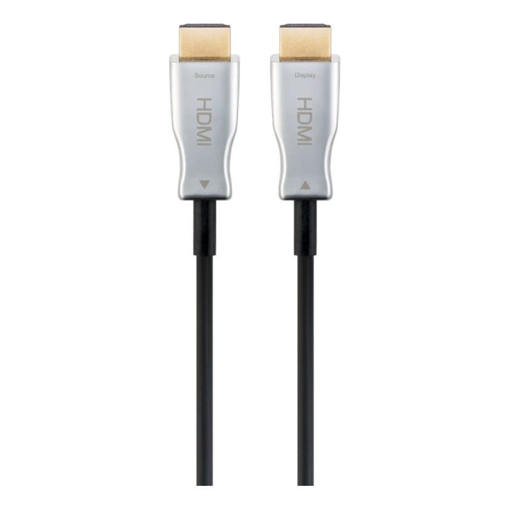 Premium black HDMI cable with gold-plated connectors, featuring a sleek design and labeled ends for source and display, measuring 30 meters in length.