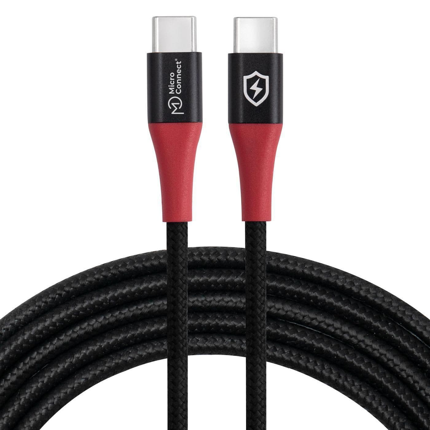 Black braided charging cable with red accents, featuring USB-C connectors on both ends, and branded with Microconnect logo and a shield symbol for durability.