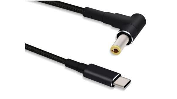 Black Microconnect USBC-DC-5A-12V cable gender changer featuring a right-angle 5.5*2.5mm connector and a USB-C end, with a durable braided design.