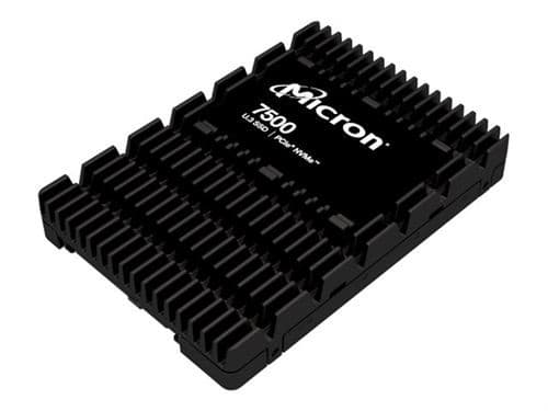 Micron 7500 800 GB Solid State Drive in a black metal casing with a ribbed design, featuring a prominent logo and model number on the top surface.