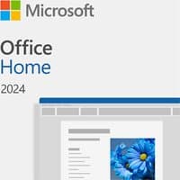 Microsoft Office Home 2024 software box with blue and gray design, featuring a document with blue flowers.