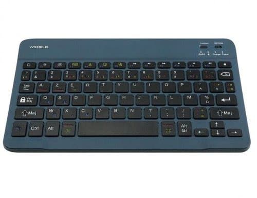 Mobilis 001284 Bluetooth keyboard features a blue plastic design with an AZERTY layout, black keys, and illuminated symbols for easy visibility.