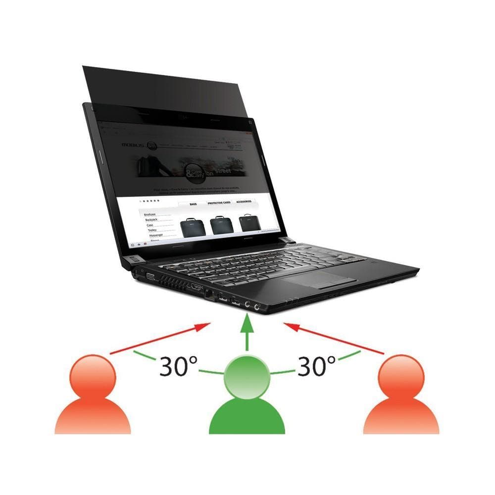 Mobilis Privacy Screen Protector for 15.6" laptops, featuring a sleek design that limits viewing angles to 30°, ensuring privacy and reducing glare. Dimensions: 344 x 194.5 mm.
