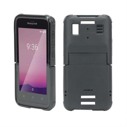 Black handheld mobile computer case by Mobilis, designed for Honeywell devices, featuring cutouts for buttons and camera, with a textured grip for enhanced durability.