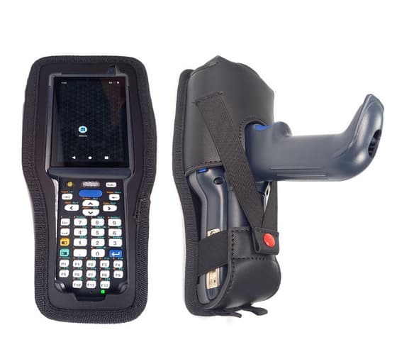 Mobilis Activ + features a black protective case with a touchscreen display, a numeric keypad, and a handheld scanner, designed for durability and ease of use in various environments.