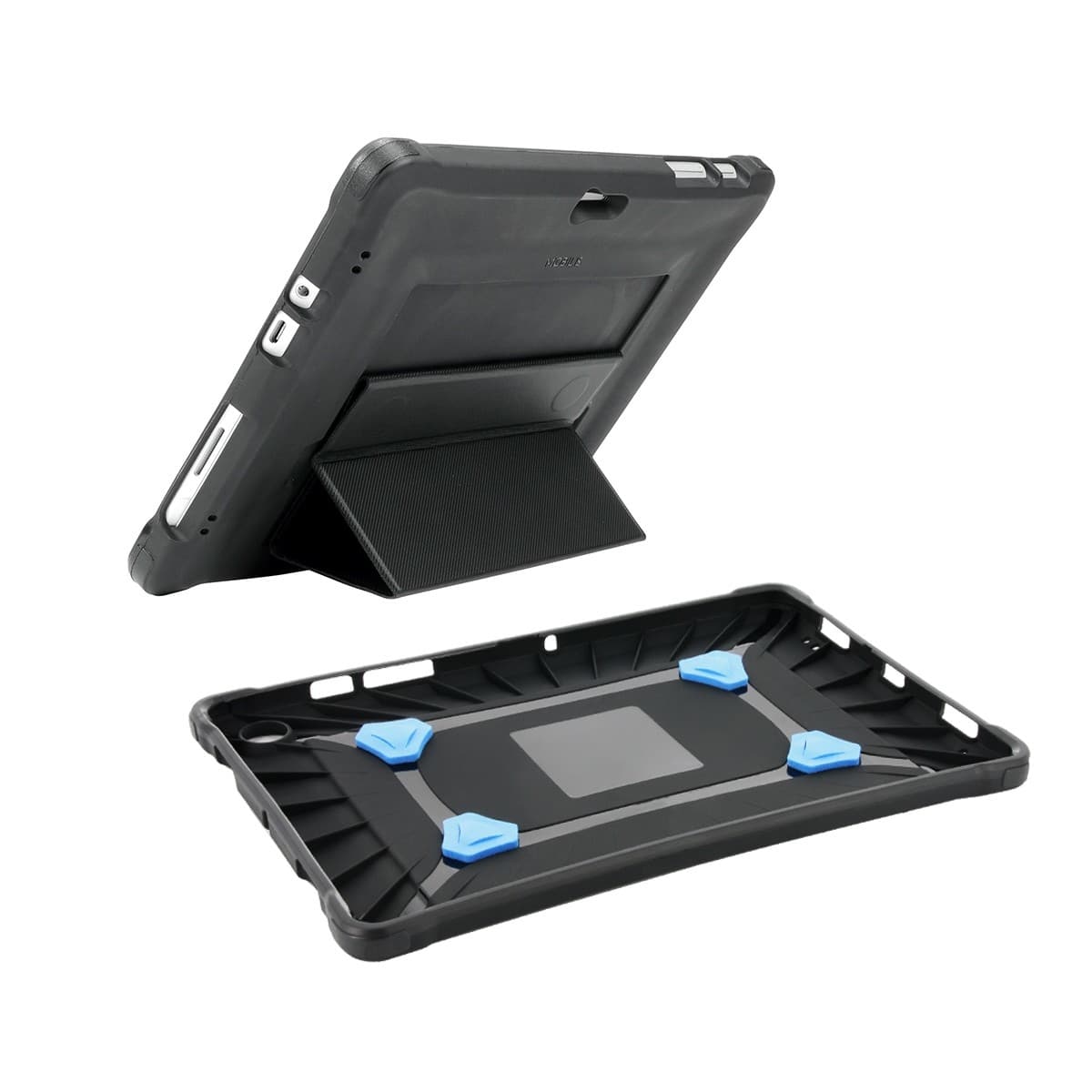 Black Mobilis PROTECH cover for 10.2" tablets, featuring a durable material, a built-in stand, and blue corner grips for secure device placement.