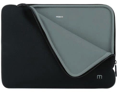 Black and grey Mobilis Skin sleeve case for 14" devices, featuring a smooth exterior, soft interior lining, and a zip closure for secure storage.