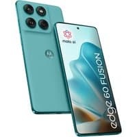 Turquoise Motorola edge 60 fusion smartphone with triple rear cameras and edge-to-edge display showing "edge 60 fusion".