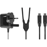 Black Motorola twin micro USB charger with dual cables and UK plug adapter.