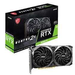 Black and silver MSI VENTUS RTX 3060 TI graphics card with dual fans, positioned next to its green and black packaging featuring the GeForce RTX logo.