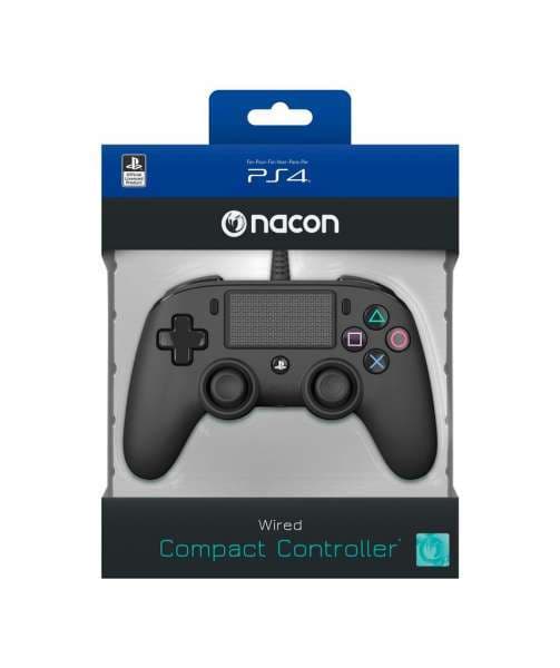 Black wired compact controller for PS4 by Nacon, featuring a textured grip, dual analog sticks, and PlayStation buttons, packaged in a blue and black box.